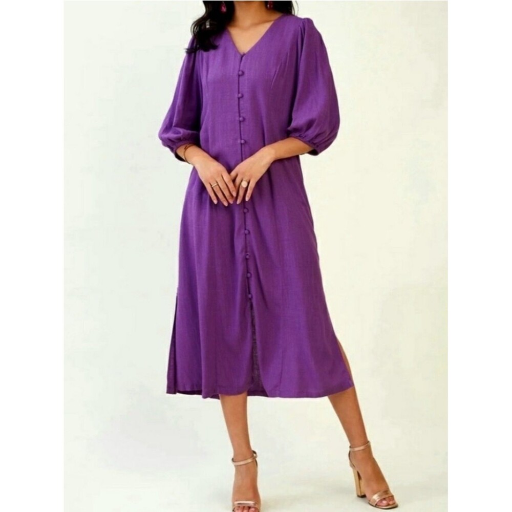 J. Jill Gem Purple Linen Blend Midi Dress NWT Puff Sleeve Button Front LP